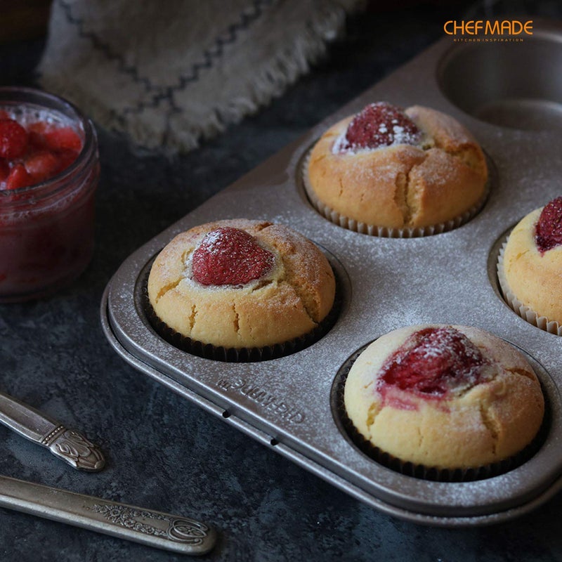 chefmade قالب كعك مافن CHEFMADE، 6 تجويف غير لاصق لصنع الكب كيك، أدوات الخبز للفرن (ذهبي شامبانيا) - Image 4